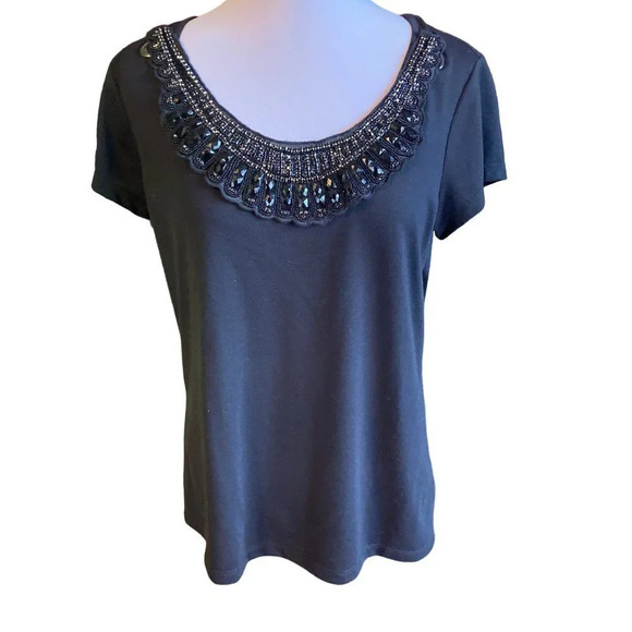 a.n.a Black T-shirt With Beaded Jeweled Collar, Size Petite Large, New With Tags - Picture 1 of 13